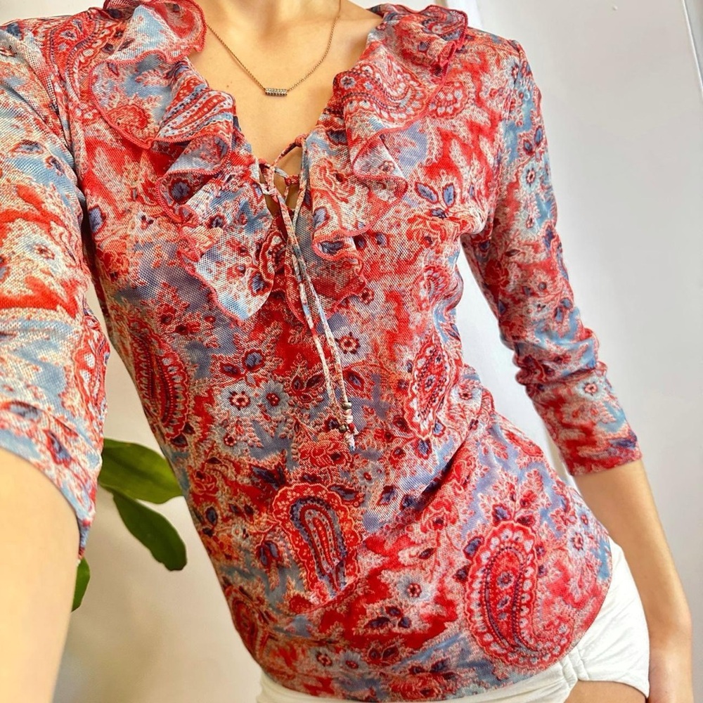 Chaps Vintage Bohemian Paisley Lace-Up Blouse Size Small
